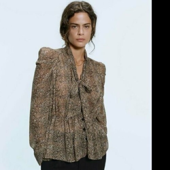 ZARA sheer leopard print blouse with bow S - Picture 2 of 5